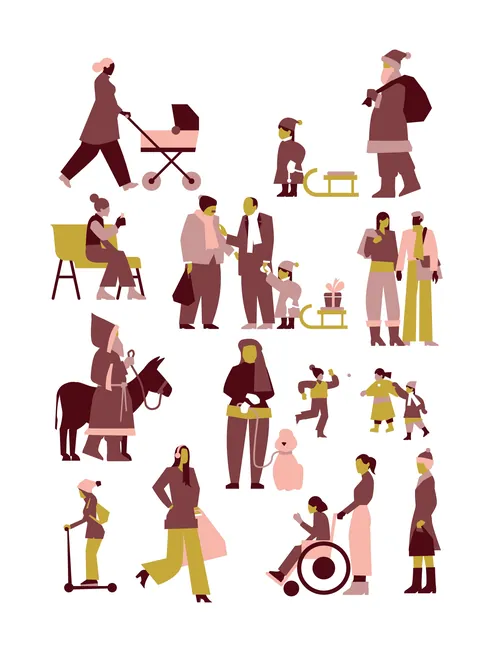 Illustration of diverse people walking, sitting, playing, and interacting outdoors