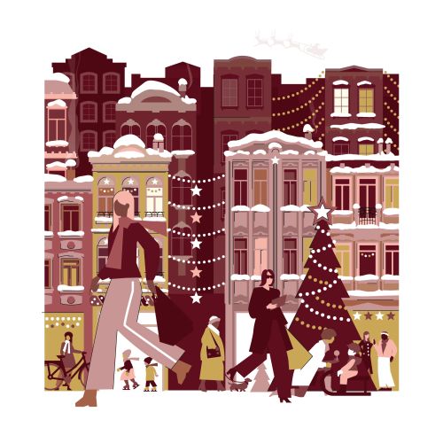 People walking in snowy city street with Christmas tree and lights