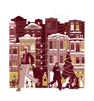 People walking in snowy city street with Christmas tree and lights