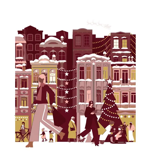 People walking in snowy city street with Christmas tree and lights