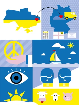 Illustration of Ukraine map, delivery truck, peace sign, sailboat, eye, sun, and farm animals