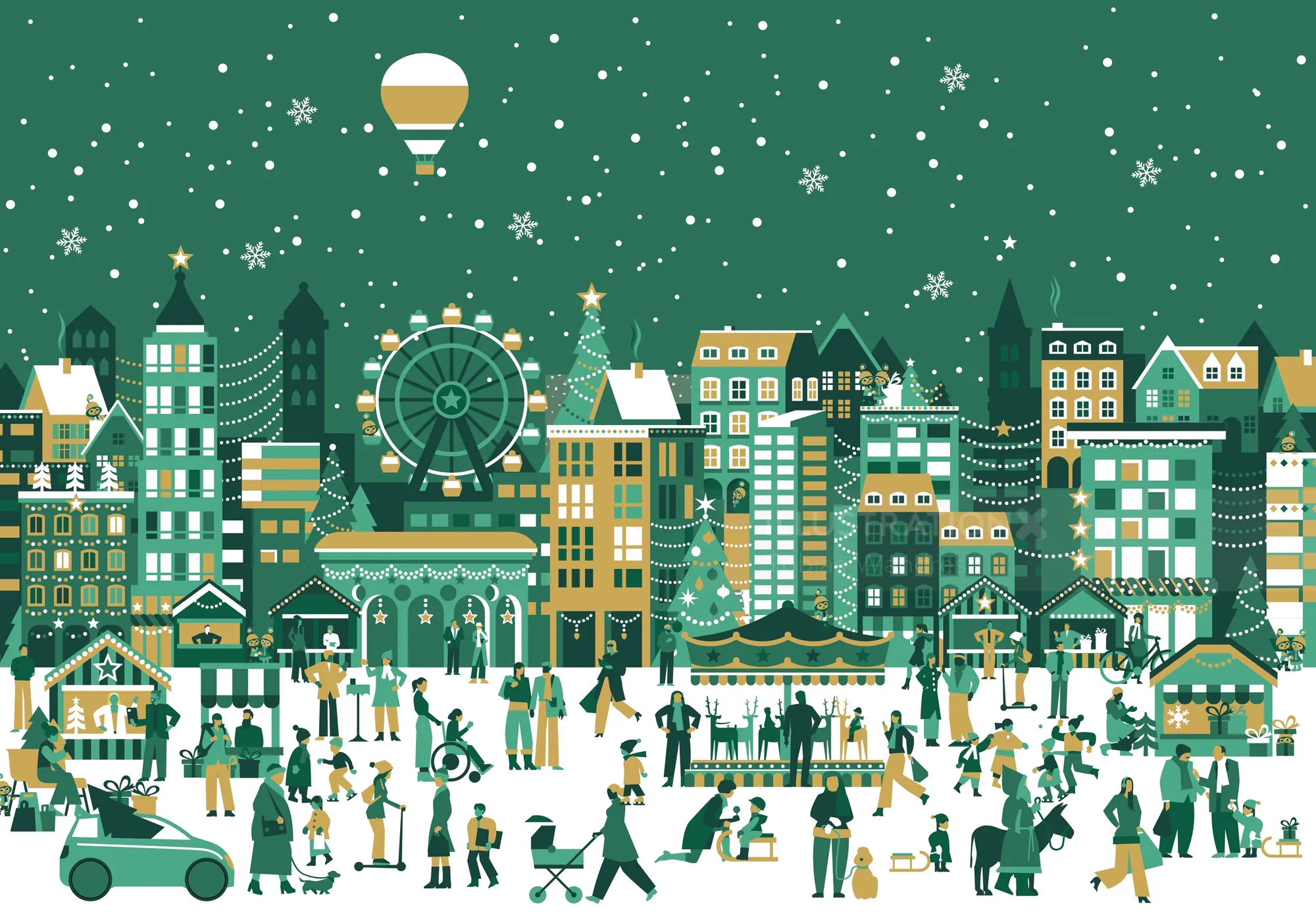 Winter cityscape with ice skaters, snowflakes, hot air balloon, and festive lights