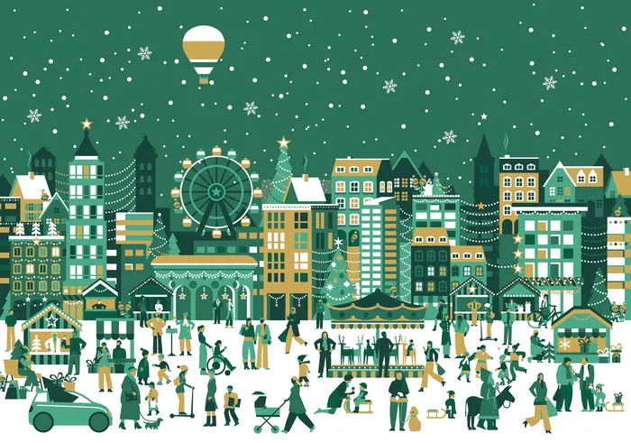 Winter cityscape with ice skaters, snowflakes, hot air balloon, and festive lights