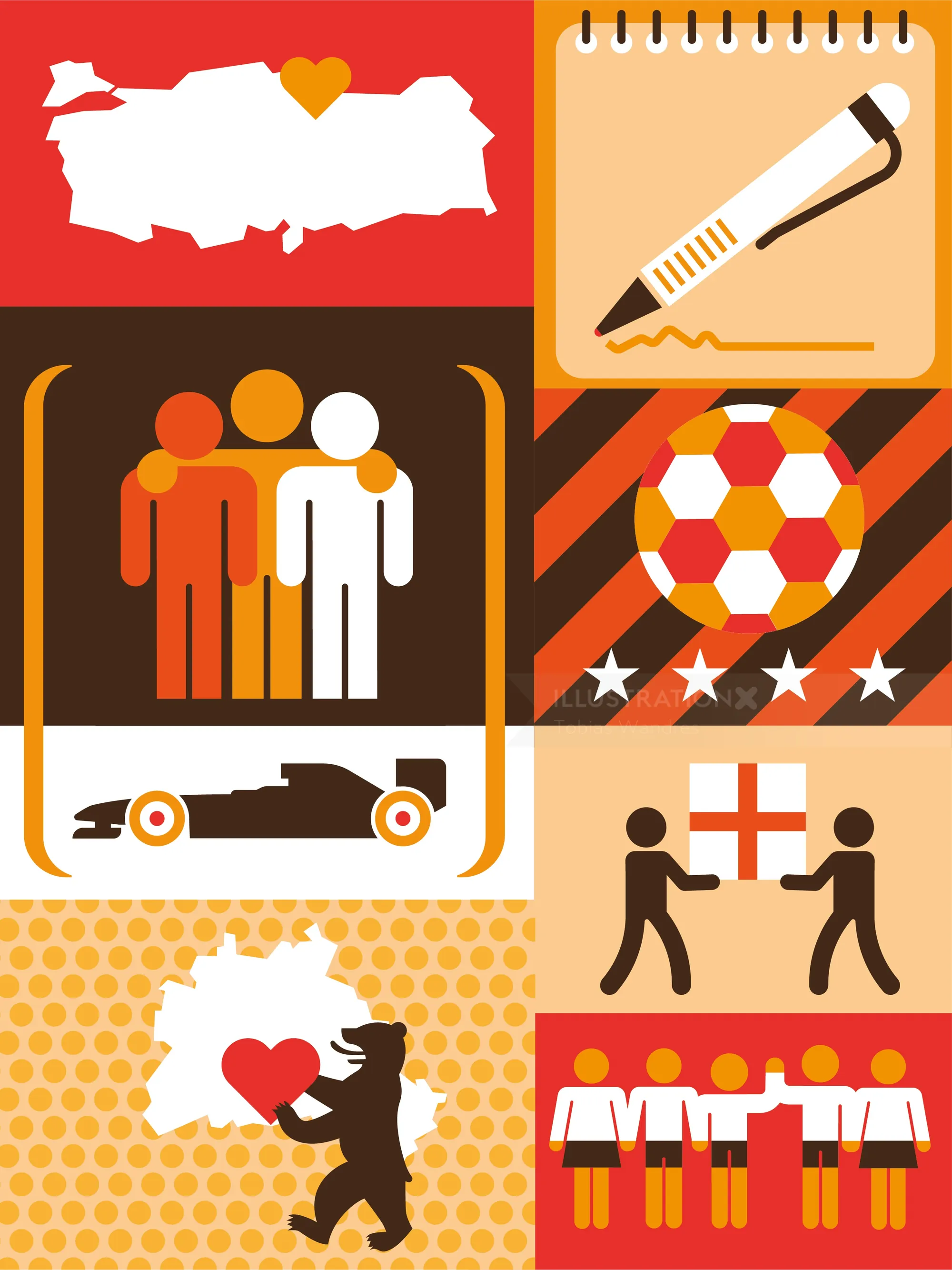 Sports icons with football, fans, teamwork, and a trophy bear silhouette.