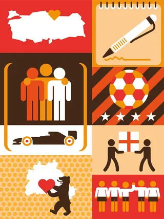 Sports icons with football, fans, teamwork, and a trophy bear silhouette.