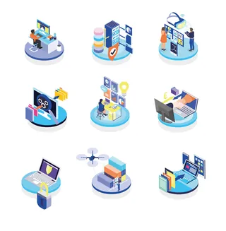 Isometric illustrations showing people interacting with computers and digital devices