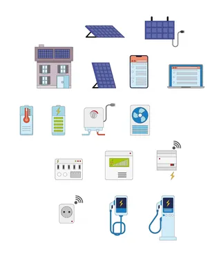 Icons of smart home, solar panels, energy storage, and charging stations