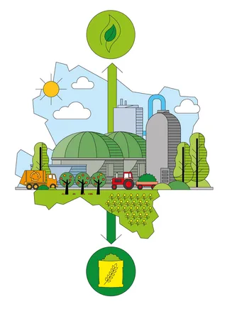 Illustration of sustainable farming and green factory with renewable energy