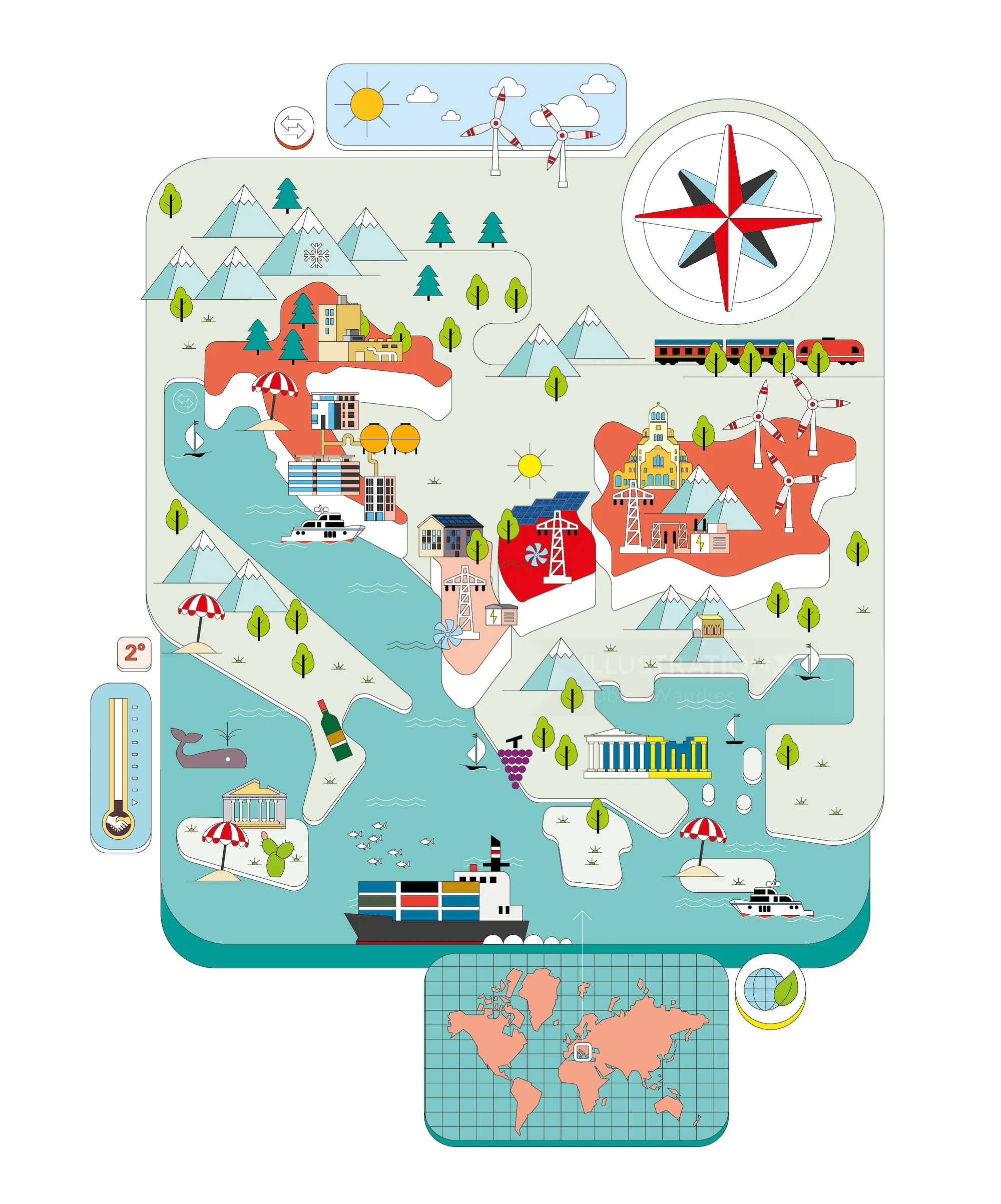 Illustrated map of Alaska with landmarks, mountains, and ships