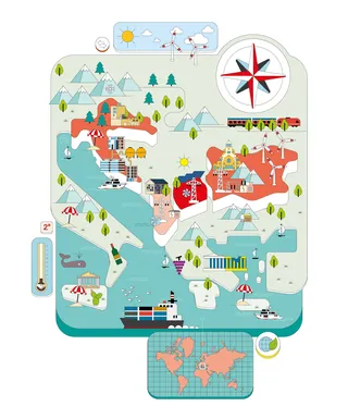 Illustrated map of Alaska with landmarks, mountains, and ships