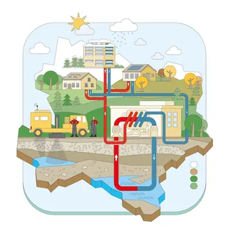 Diagram of geothermal heat exchange system with buildings and underground pipes