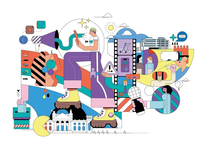 Abstract colorful digital illustration with technology and communication symbols.