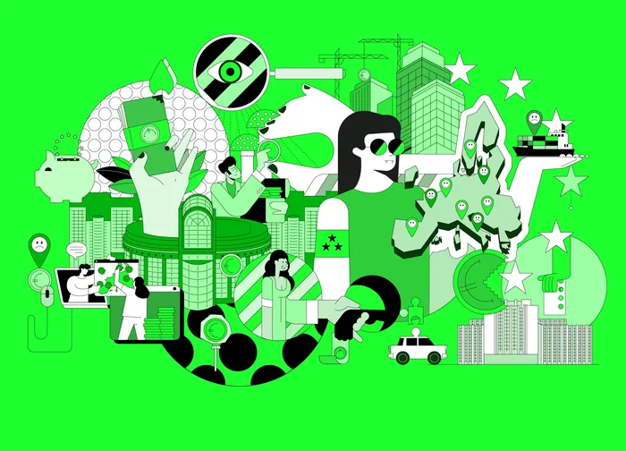 Abstract green and black collage featuring people, buildings, and symbols.