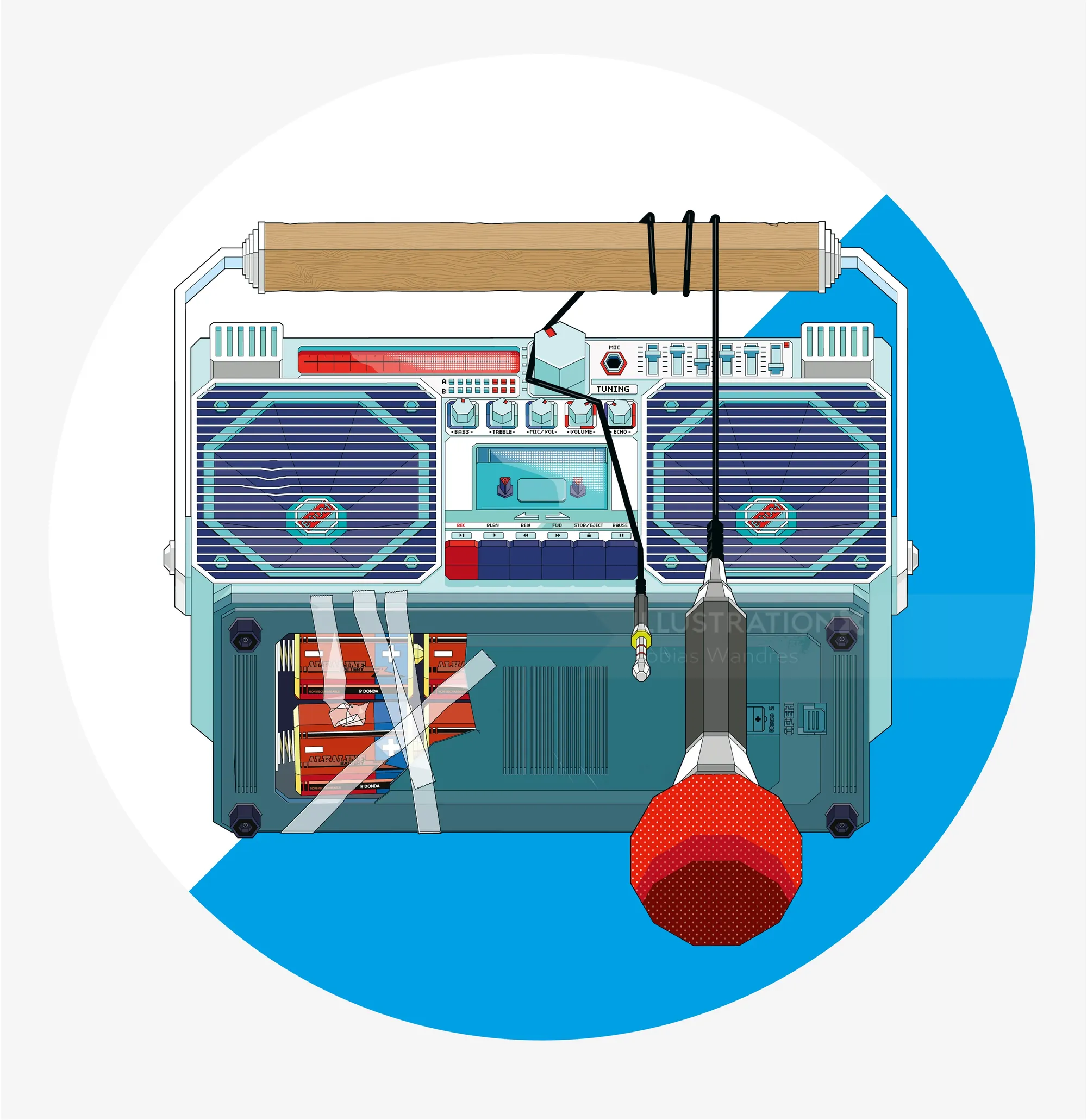Illustration of a vintage boombox with microphone by Tobias Wandres