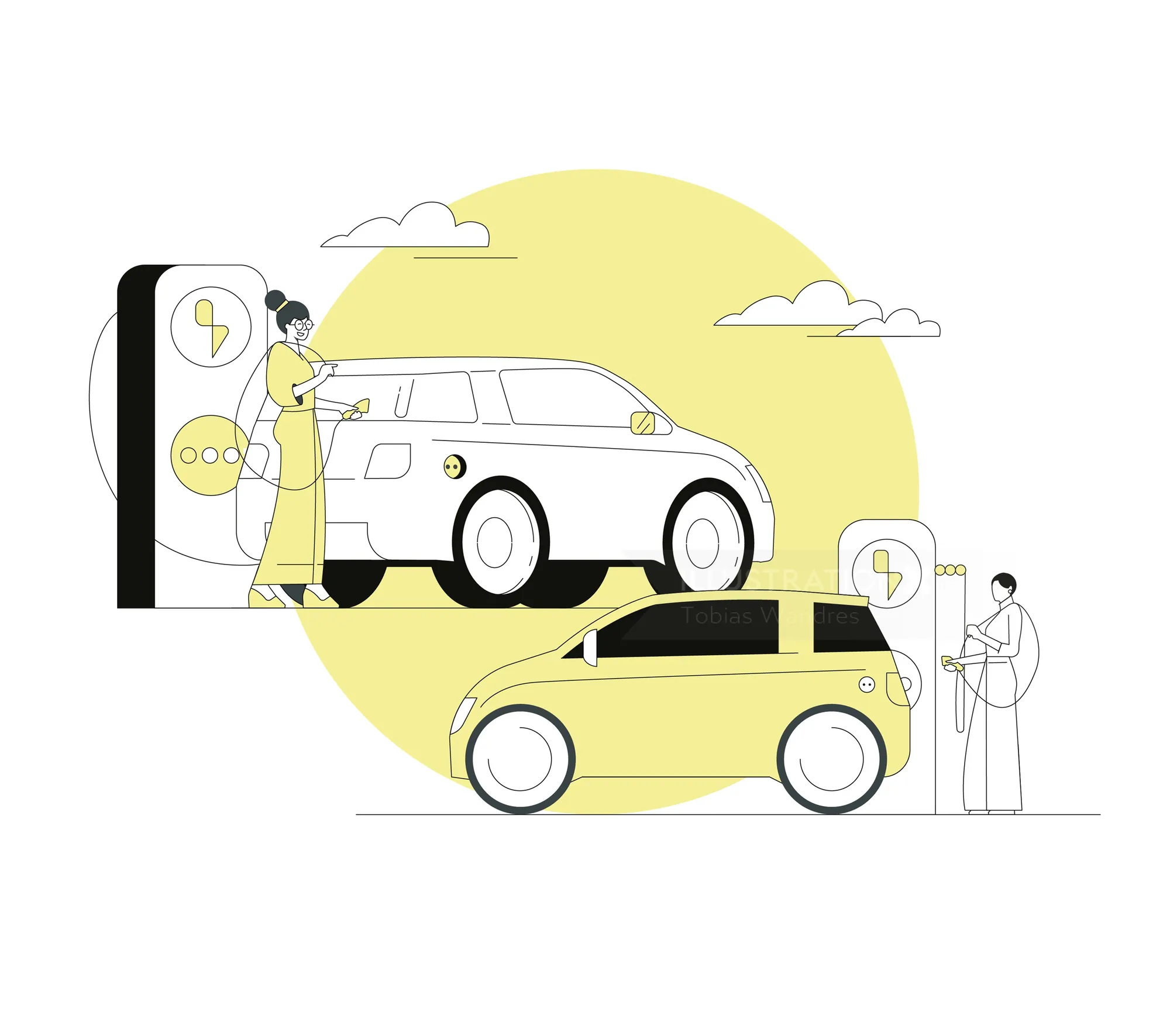 Electric cars being charged at a station by people, illustration by Tobias Wandres