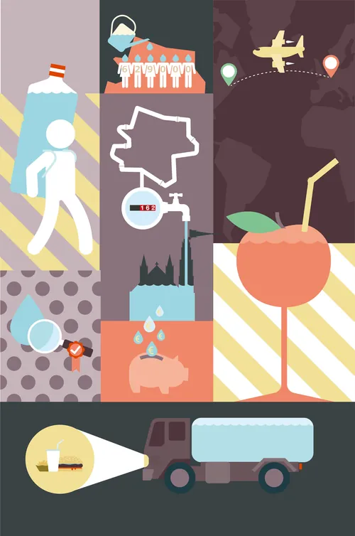 Abstract illustration with piggy bank, drink, and various symbols by Tobias Wandres