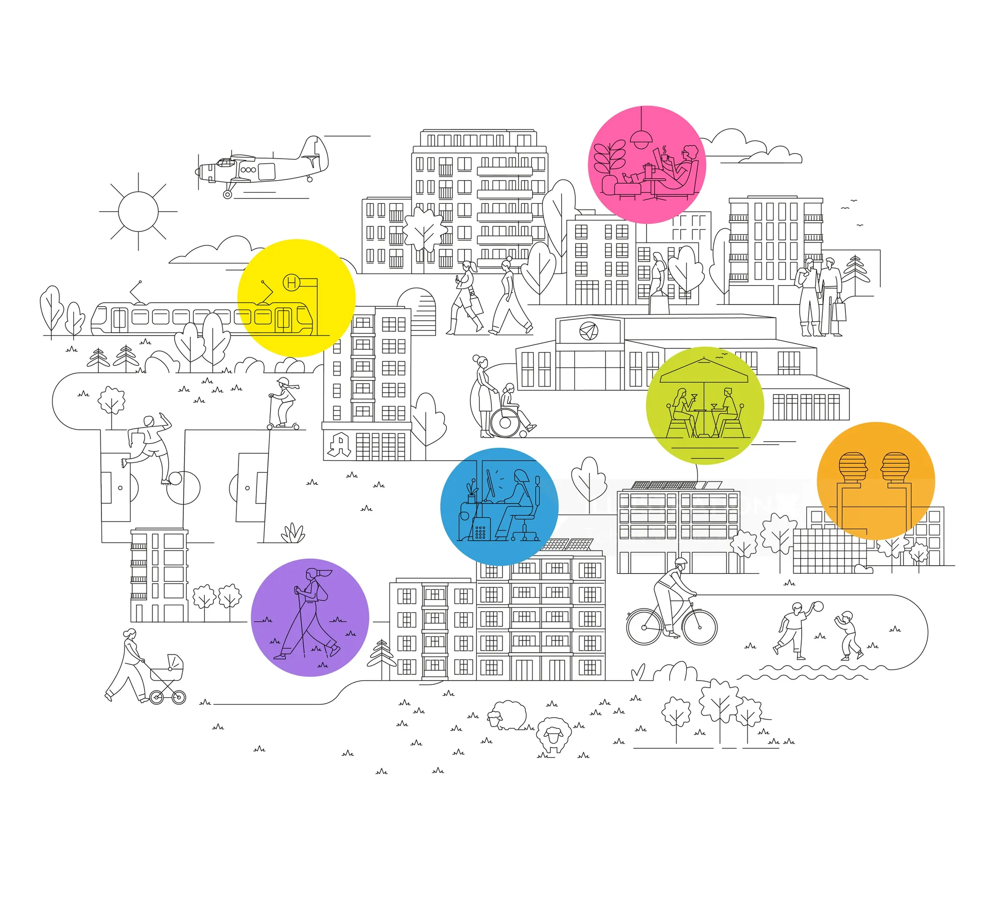Cityscape line drawing with colorful circles highlighting activities by Tobias Wandres