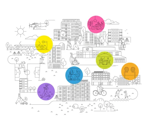 Cityscape line drawing with colorful circles highlighting activities by Tobias Wandres