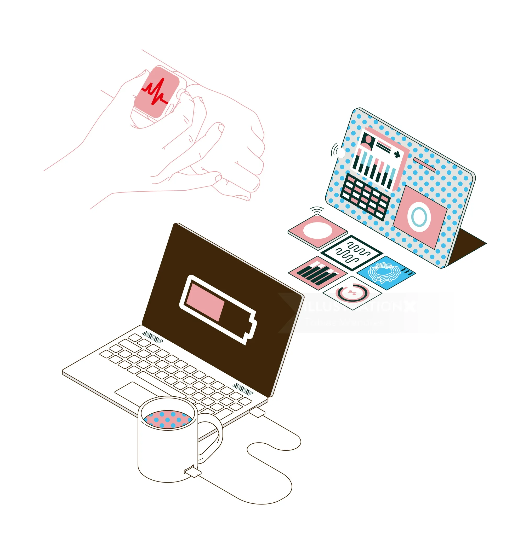 Tobias Wandres illustration of a low-battery laptop, coffee cup, charts, and handheld device