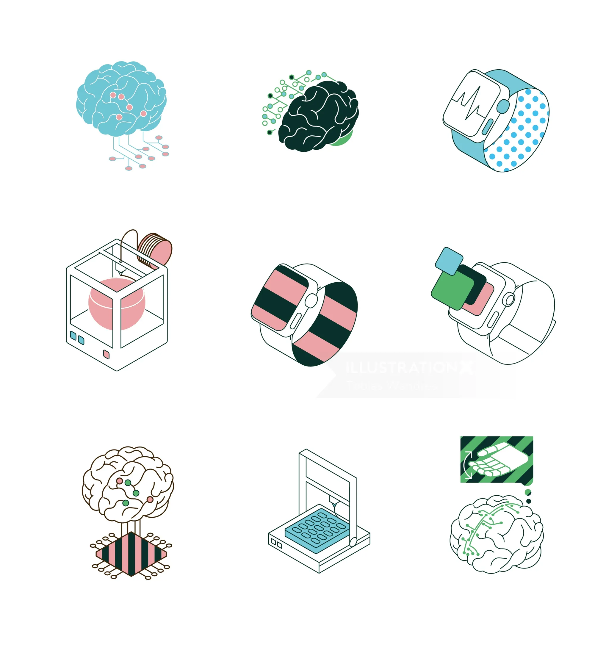 Illustrations by Tobias Wandres showing brains, devices, and abstract objects