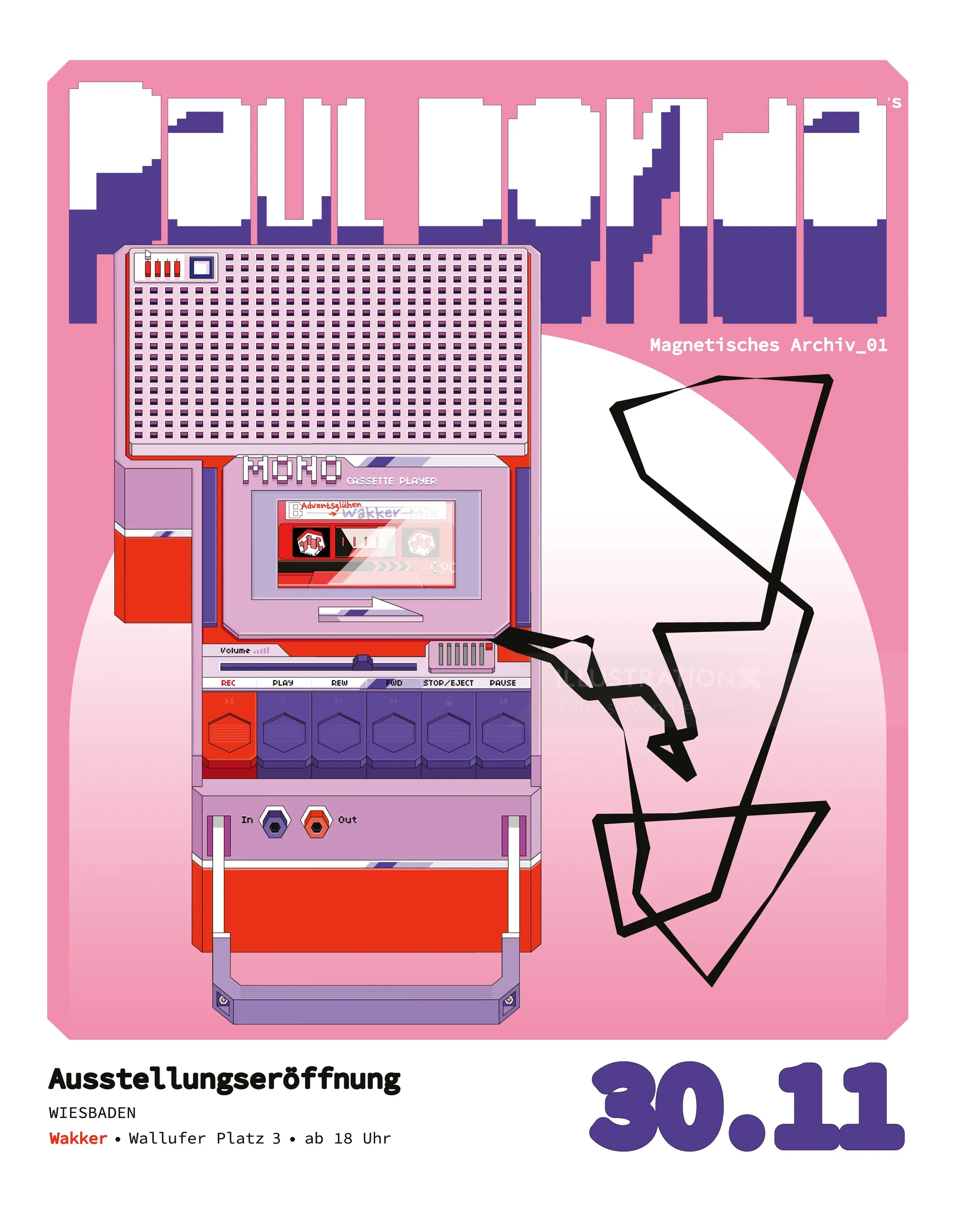 Tobias Wandres poster with a retro boombox, abstract line art, and German exhibition text