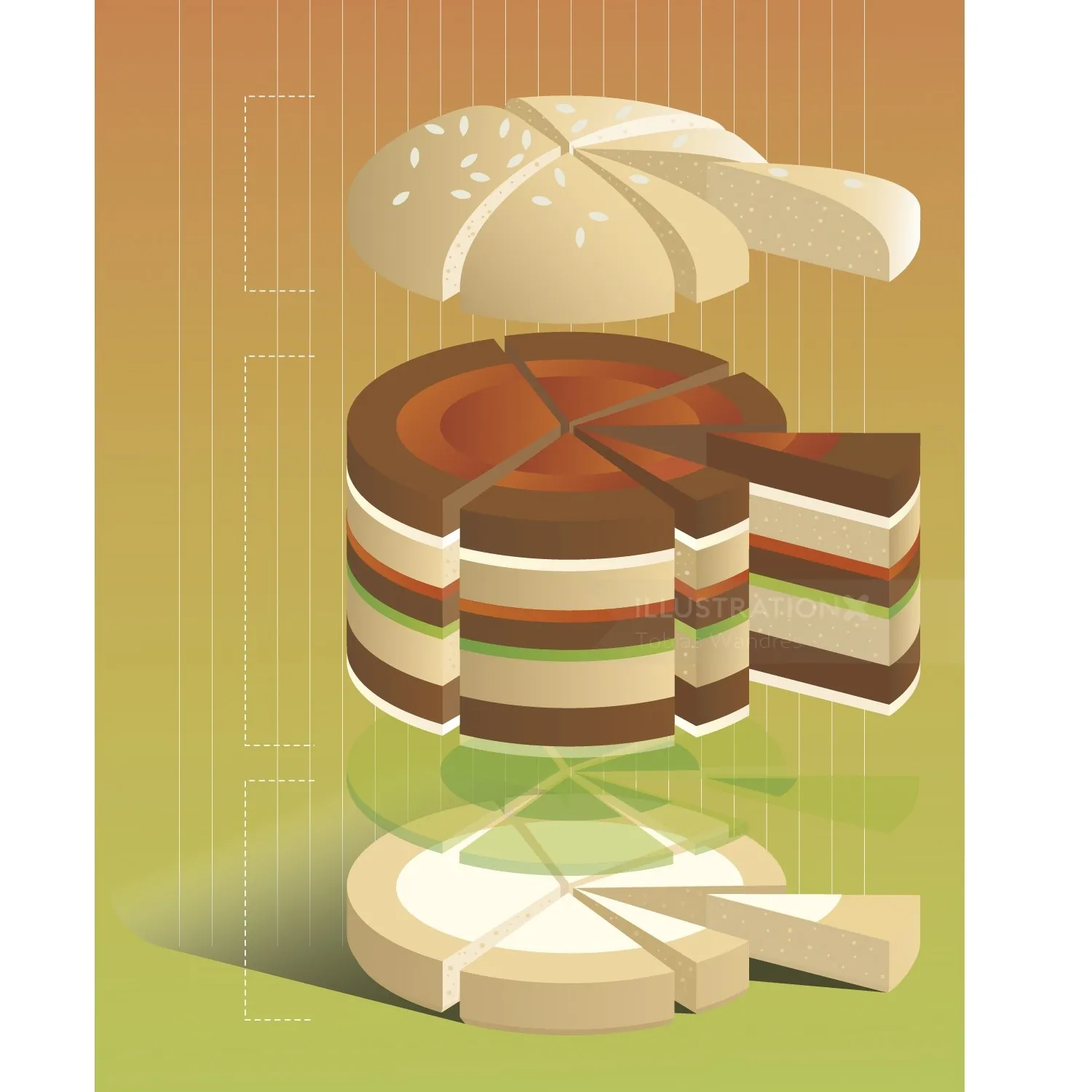 Layered dessert with floating slices digital illustration by Tobias Wandres