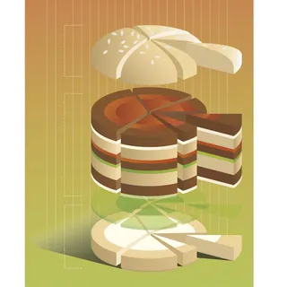 Layered dessert with floating slices digital illustration by Tobias Wandres