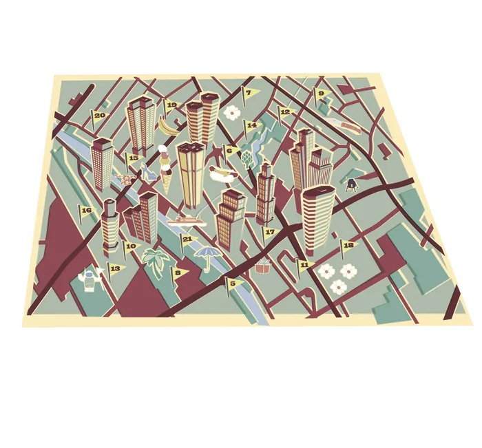 Isometric city map with tall buildings and street grid by Tobias Wandres