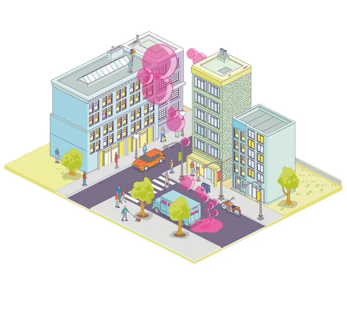 Isometric city street with buildings, people, and pink bubbles by Tobias Wandres