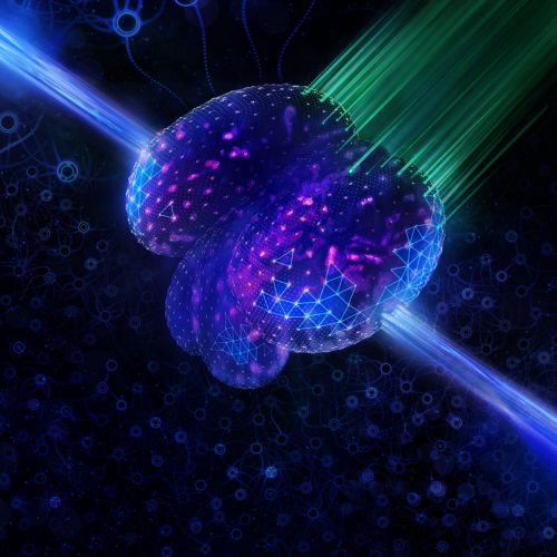 Digital brain glowing with blue and green light beams by Tobias Wüstefeld