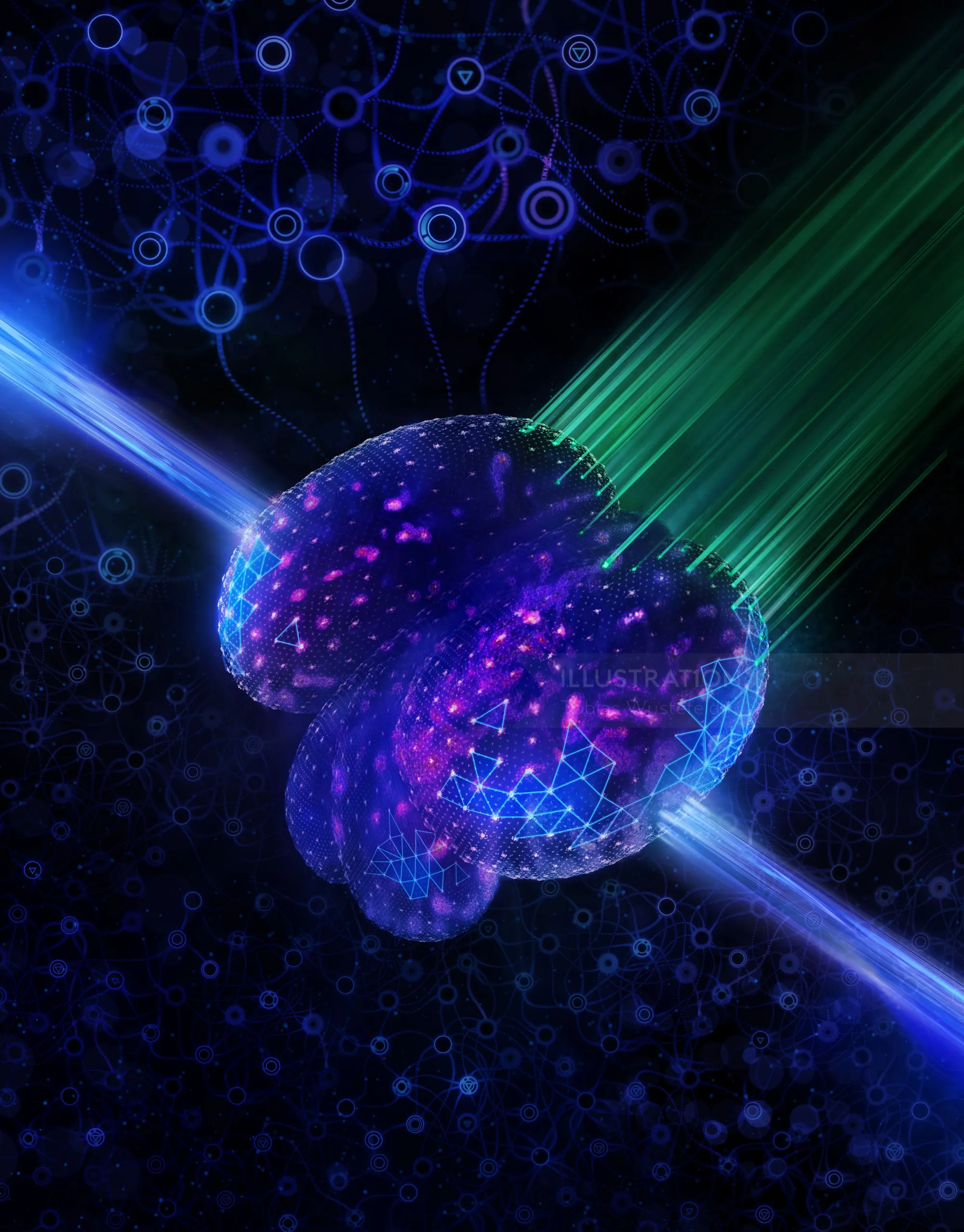 Digital brain glowing with blue and green light beams by Tobias Wüstefeld