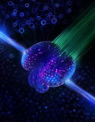 Digital brain glowing with blue and green light beams by Tobias Wüstefeld