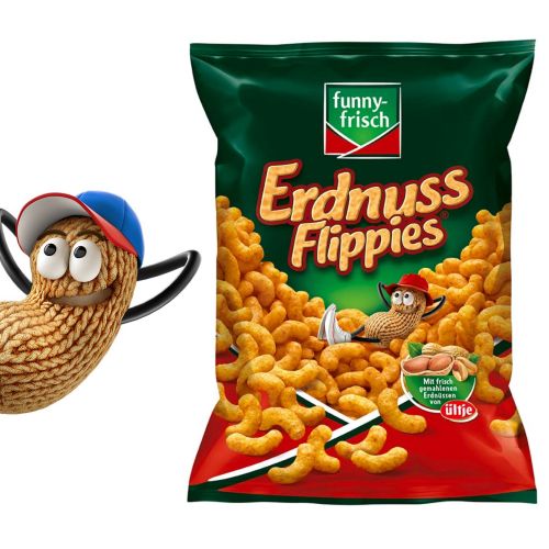 Peanut mascot with shoes beside funny-frisch Erdnuss Flippies snack bag, by Tobias Wüstefeld