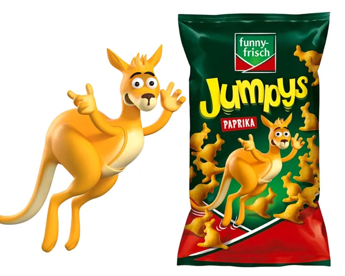 Illustration of Jumpys paprika snack bag with a kangaroo mascot by Tobias Wüstefeld