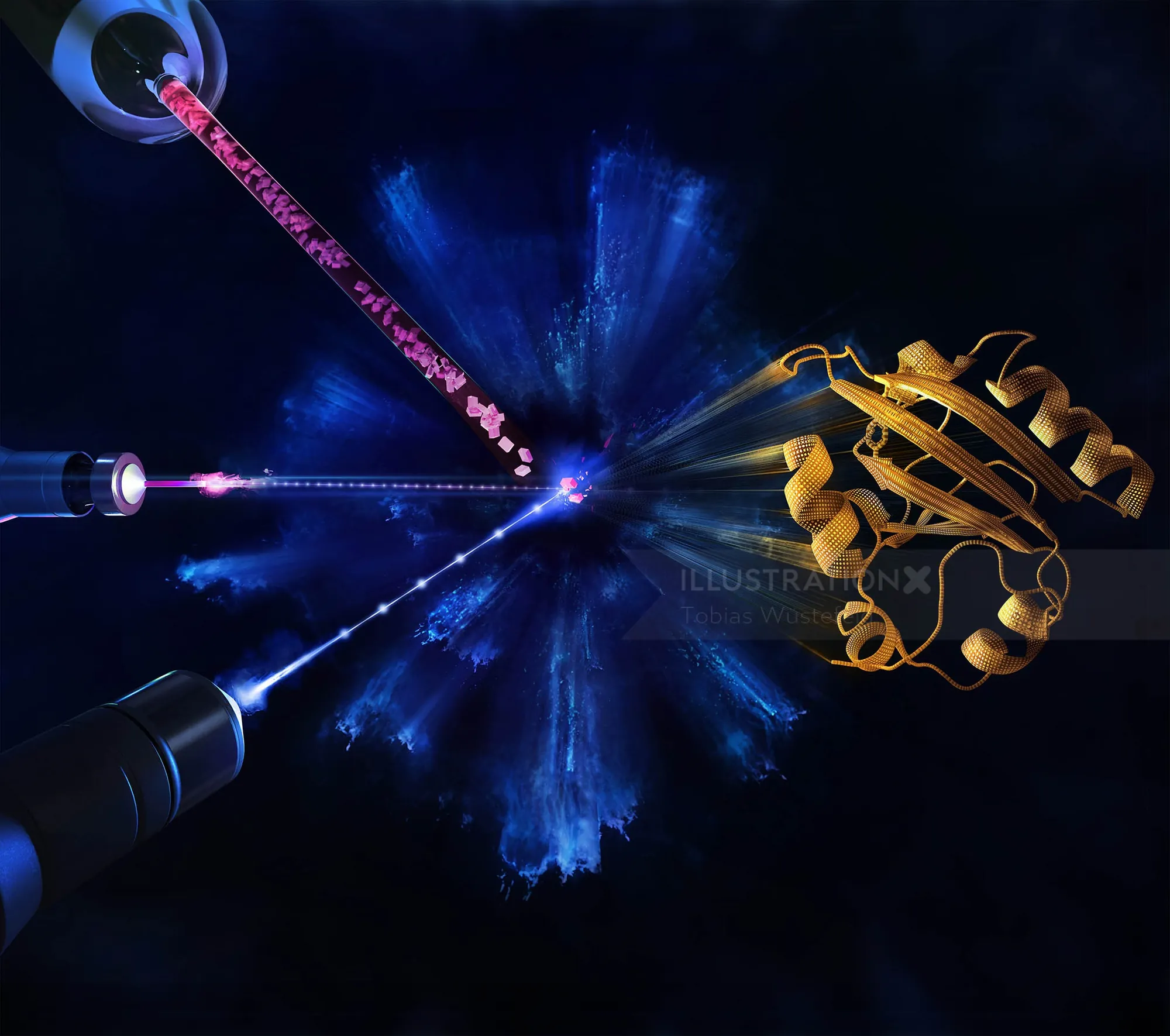 Molecular structure with lasers interacting, digital artwork by Tobias Wüstefeld