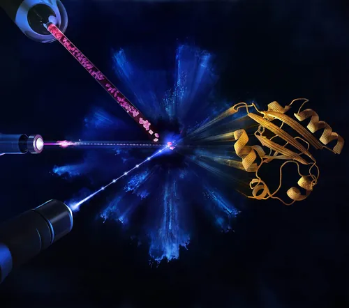 Molecular structure with lasers interacting, digital artwork by Tobias Wüstefeld