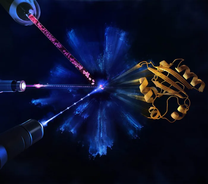 Molecular structure with lasers interacting, digital artwork by Tobias Wüstefeld