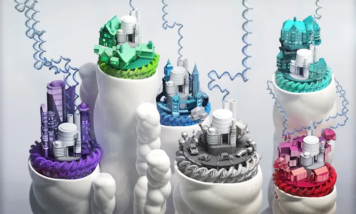 Mechanical models with pipes and spirals in various colors by Tobias Wüstefeld