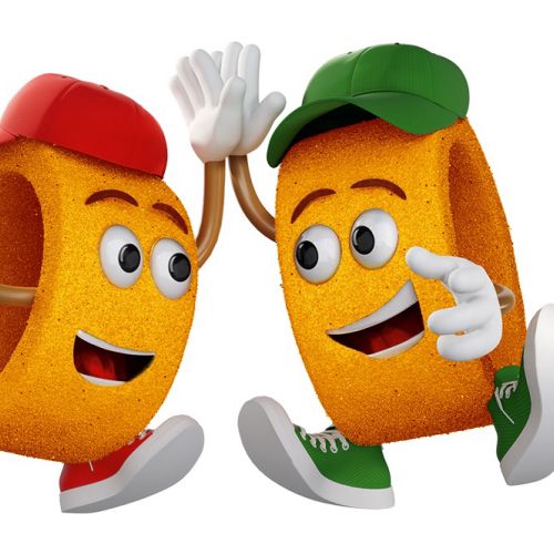 Cartoon cheese snacks with faces giving a high five