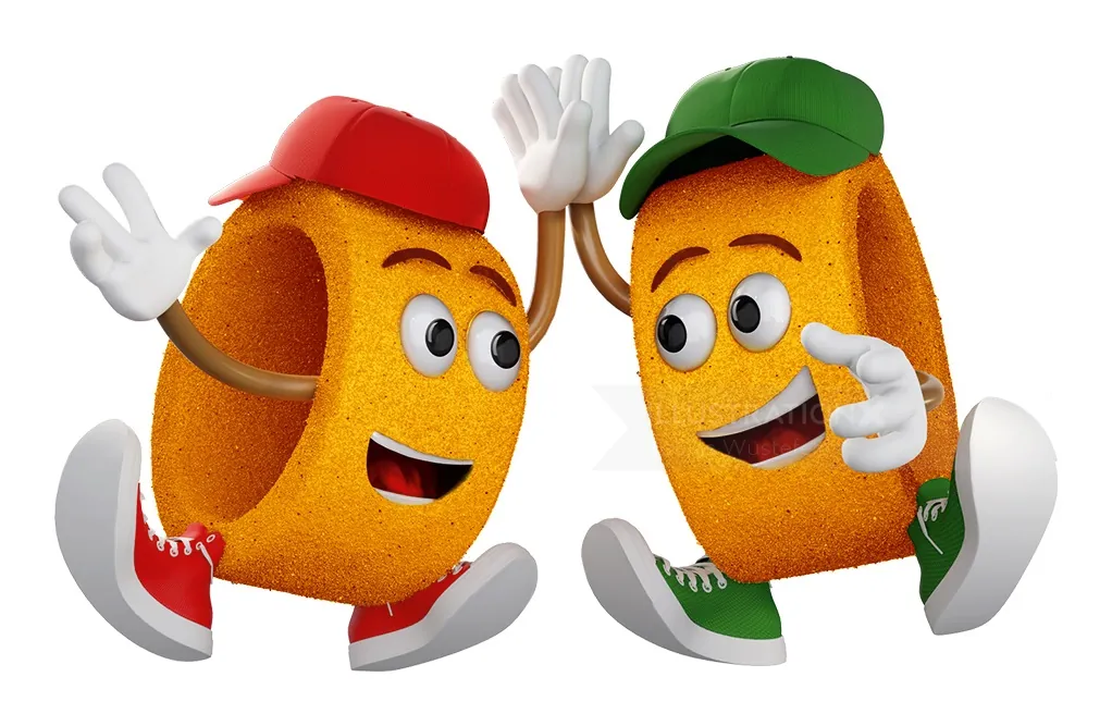 Cartoon cheese snacks with faces giving a high five