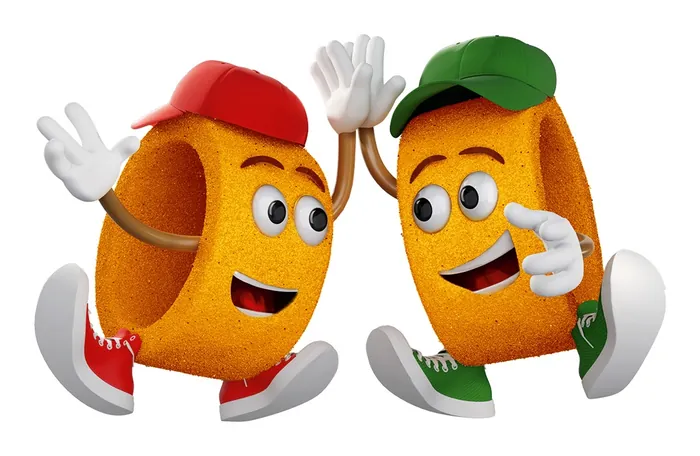Cartoon cheese snacks with faces giving a high five