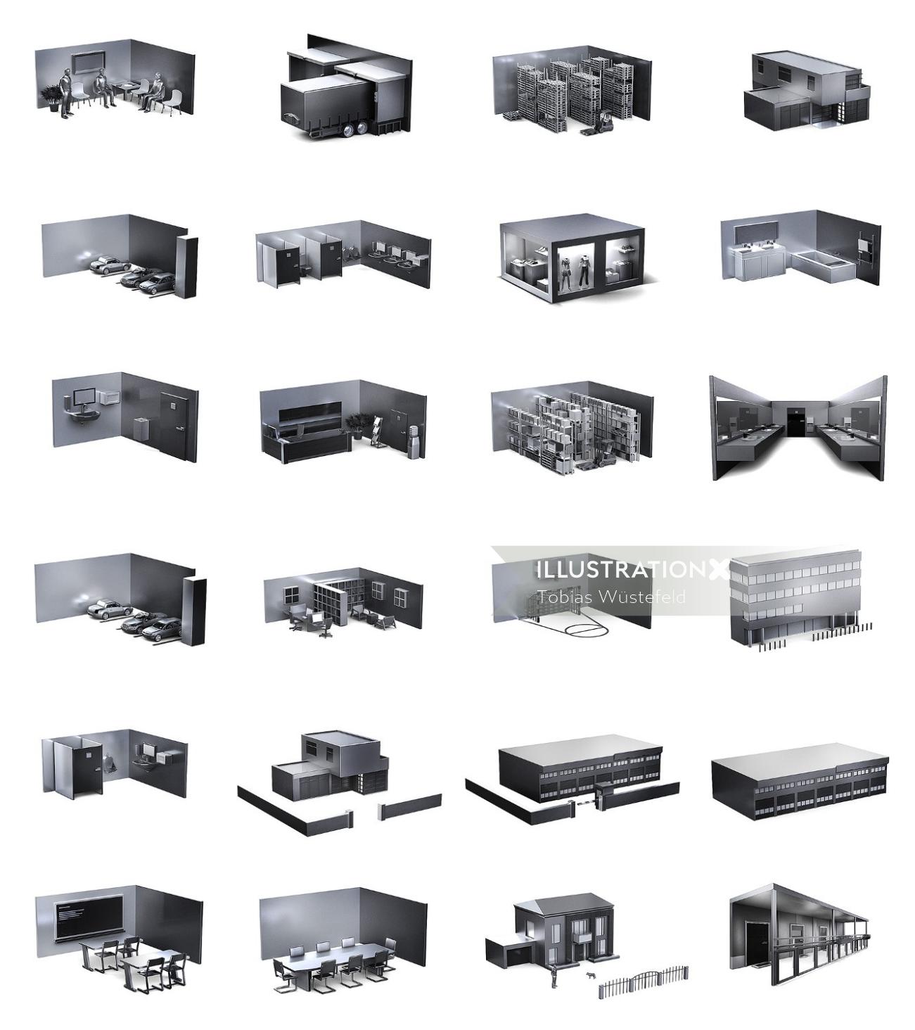 Architecture illustration of different houses