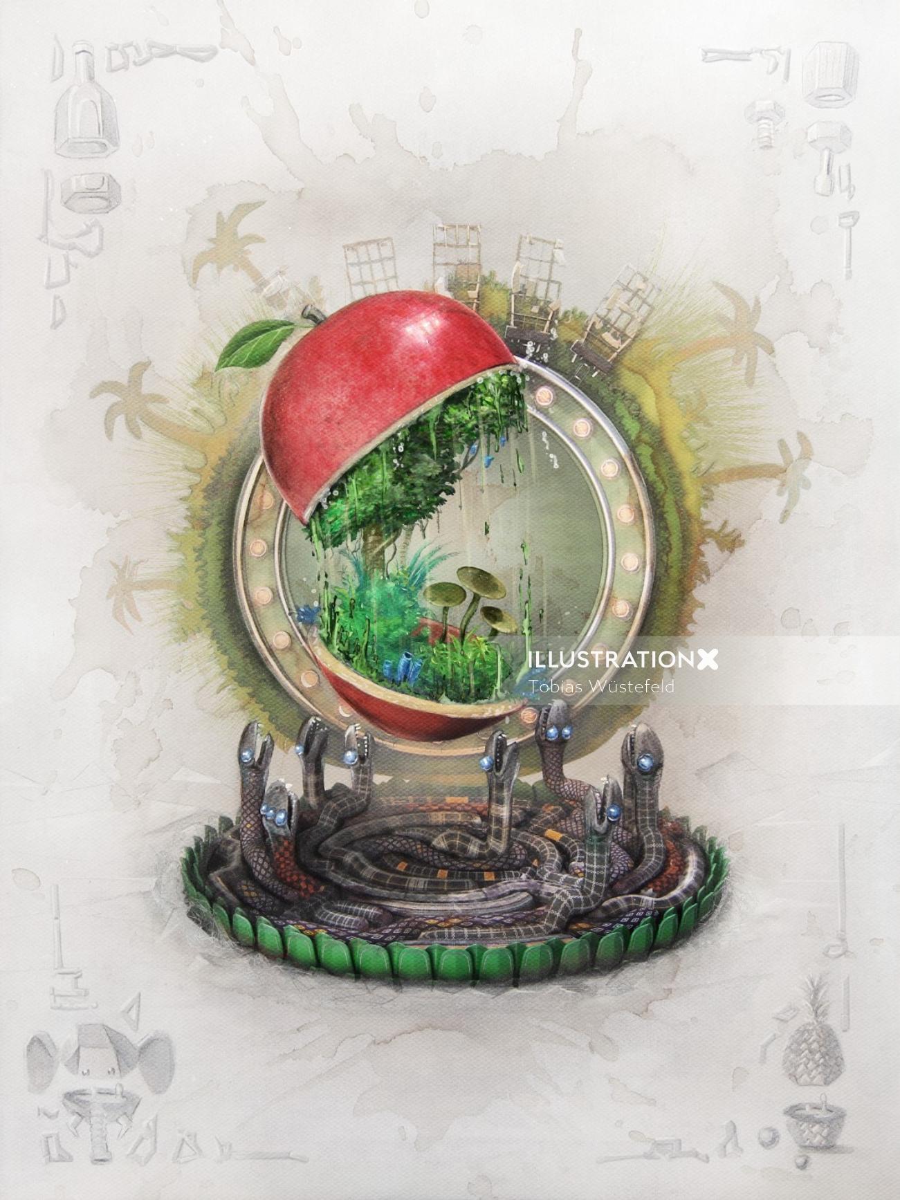 3D illustration of apple forest 