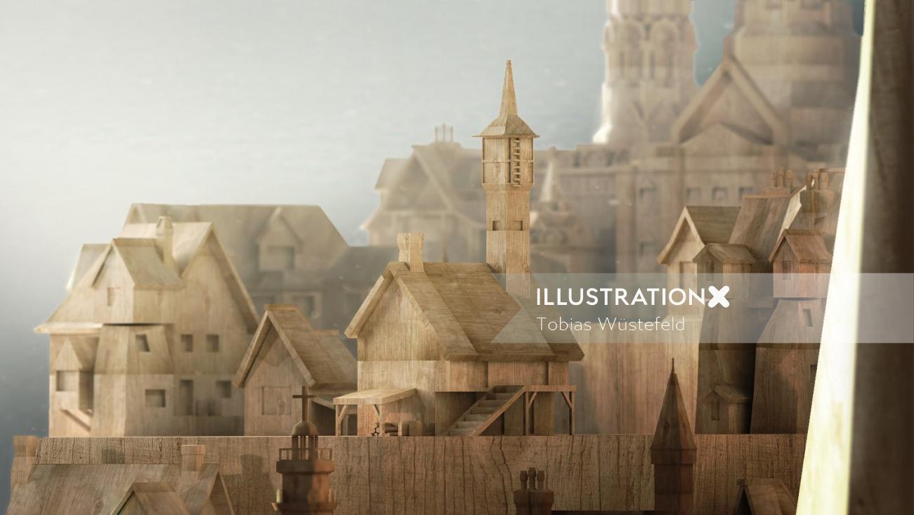 3d illustration of wooden city 