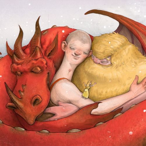 Child cuddling with two dragons, one red and one yellow by Tom Bonson