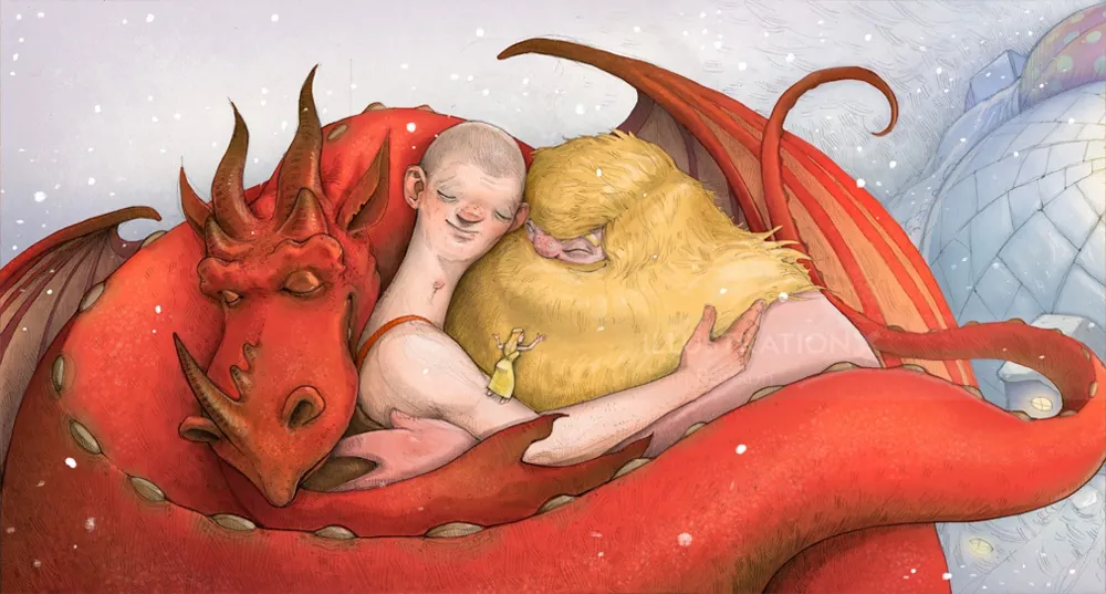 Child cuddling with two dragons, one red and one yellow by Tom Bonson