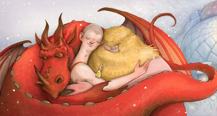 Child cuddling with two dragons, one red and one yellow by Tom Bonson