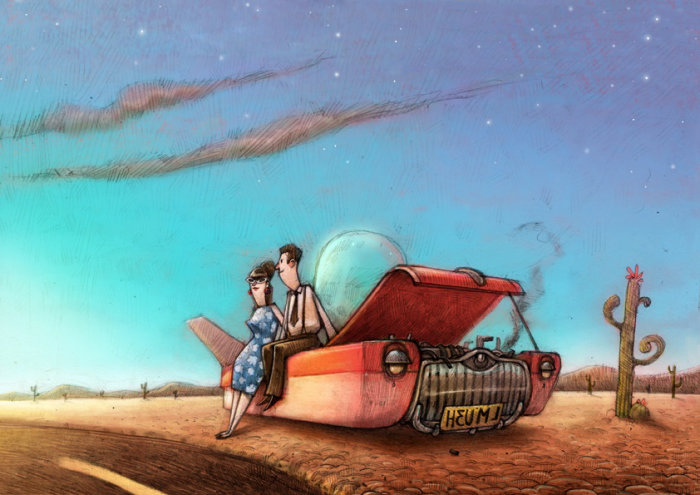 Una ilustración de averías de automóviles en el desierto