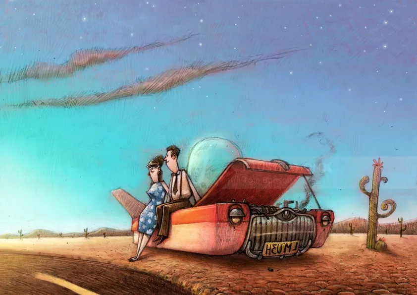 Eine Illustration von Autopannen in der Wüste