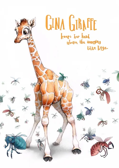 Aquarellzeichnung von Gina, der Giraffe und Insekten